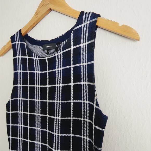 Theory Kalora Peplum Top Knit Plaid Sleeveless Blue Black P/00 Office Wear - Picture 4 of 10